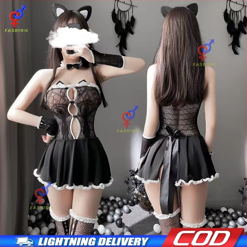 KODE R73X Cosplay Pembantu Kucing Pakaian Dalam Seksi Renda Seksi Tabung Atas SeeThrough Pembantu Ca