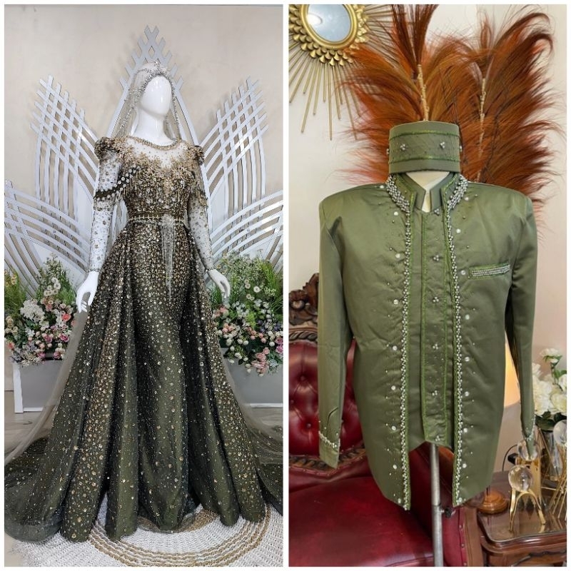 TERLARIS COUPLE DRESS WEDDING BEREKOR/BAJU PENGANTIN SLIM EKOR /GAUN KEBAYA MUSLIMAH COUPLE / KEBAYA