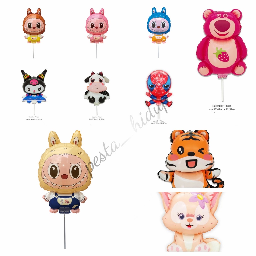 Balon Foil Karakter Satuan / Stik + cup / balon Labubu