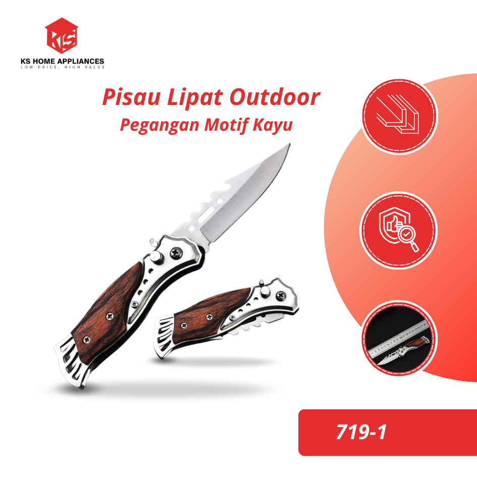 KS Pisau Lipat Outdoor Pegangan Motif Kayu Knife Stainless Pocket Premium