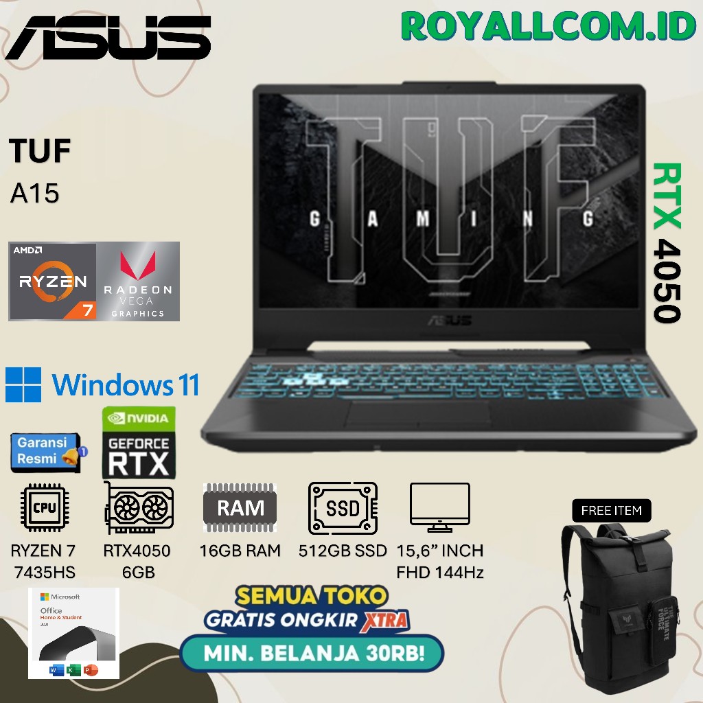 ASUS TUF A15 FA507NUR RYZEN 7 7435HS RTX4050 6GB/ 16GB 512GB W11+OHS+O365