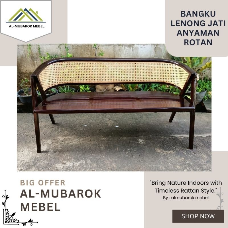 Bangku Cafe Panjang Jati Mix Rotan // Bangku Kayu Jati Dengan Sandaran Rotan