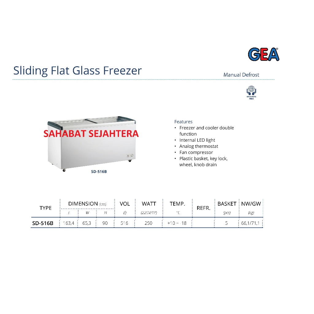 GEA Sliding Flat Glass Freezer SD-516B Freezer Sliding Kaca