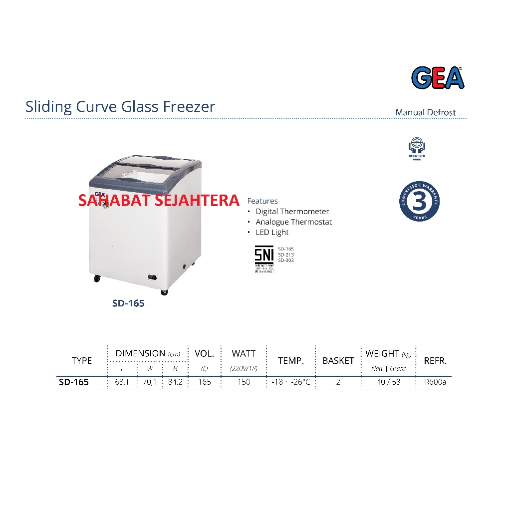 GEA Sliding Curve Glass Freezer SD-165 Freezer Sliding Kaca