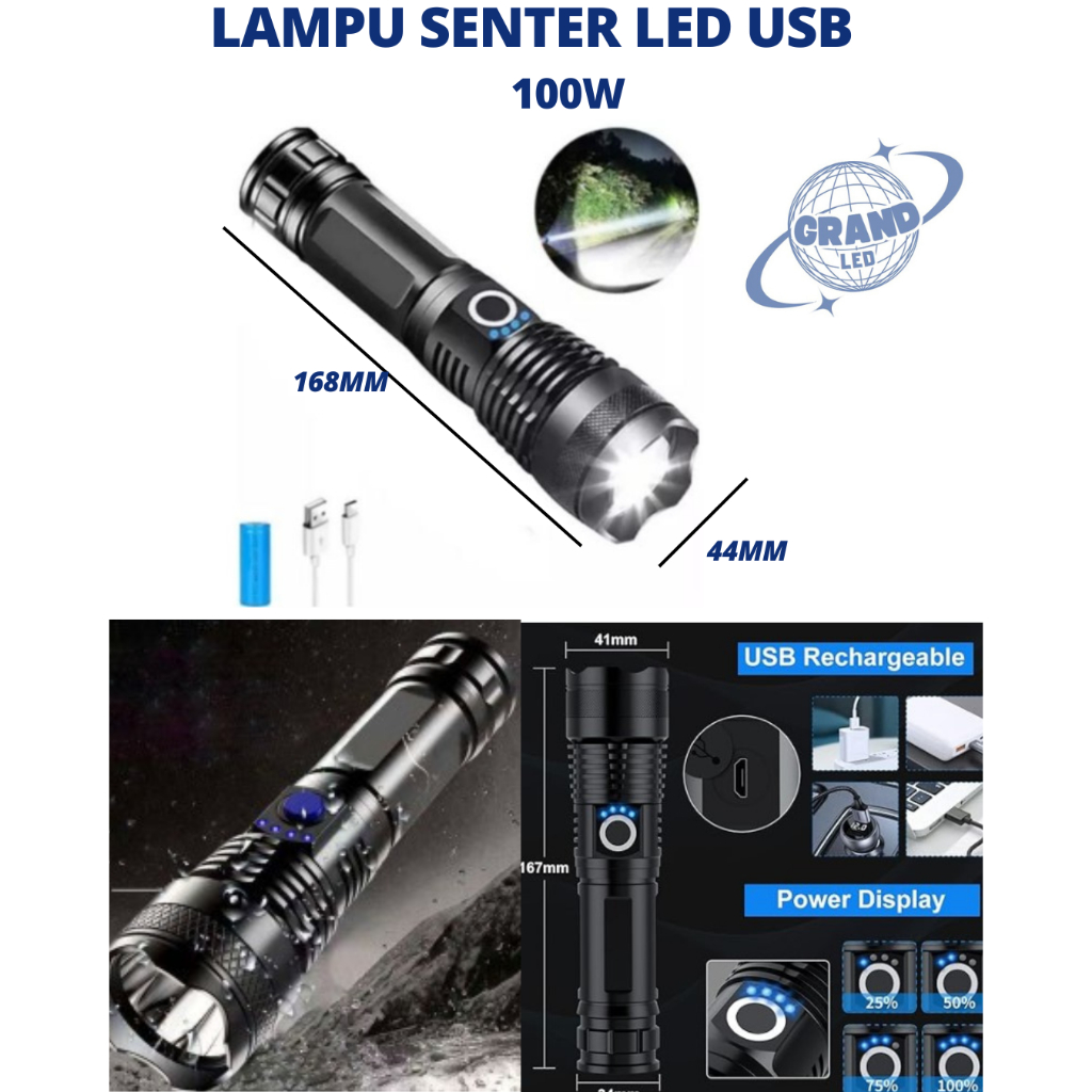 SENTER LED 100W SUPER TERANG RECHARGEABLE/ SENTER CAS USB