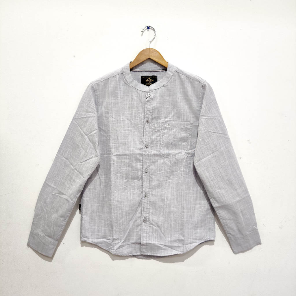 ROLUN Kemeja Koko Casual Pria Slim Fit Kerah Shanghai Abu Muda Polos Lengan Panjang 451295