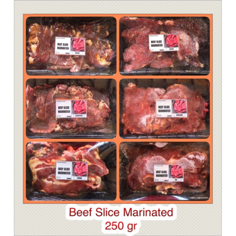 

Beef Slice Marinated 250gr ( Blackpepper/Teriyaki/Bulgogi/Gochujang/Yakiniku/BBQ)