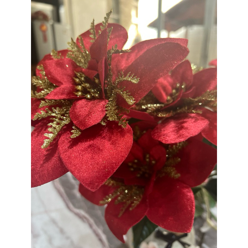 Bunga Merah / Bunga Merah Gold / Bunga Natal / Aksesoris Natal / Bunga Hiasan