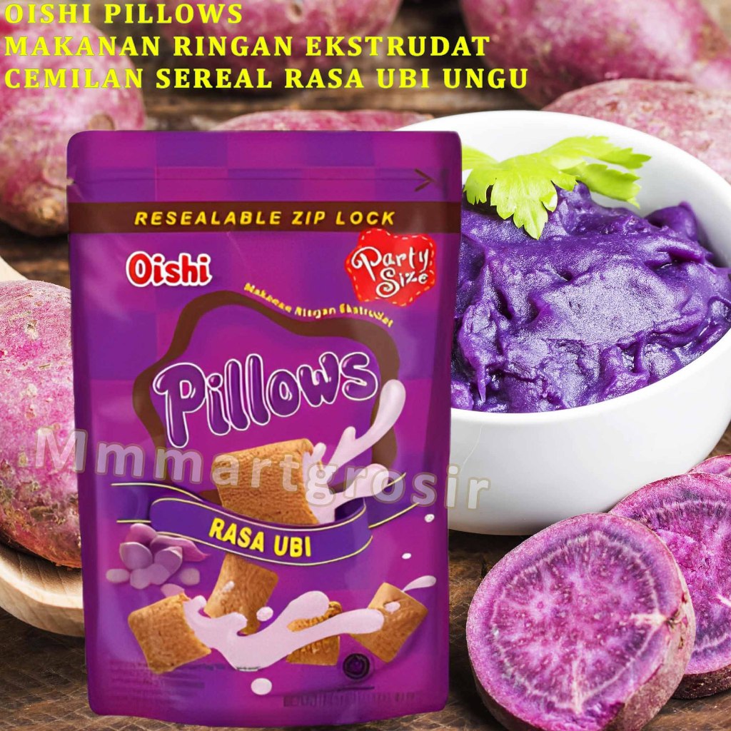 

Oishi Pillows / Makanan Ringan Ekstrudat / Cemilan Sereal Rasa Ubi Ungu / 100gr