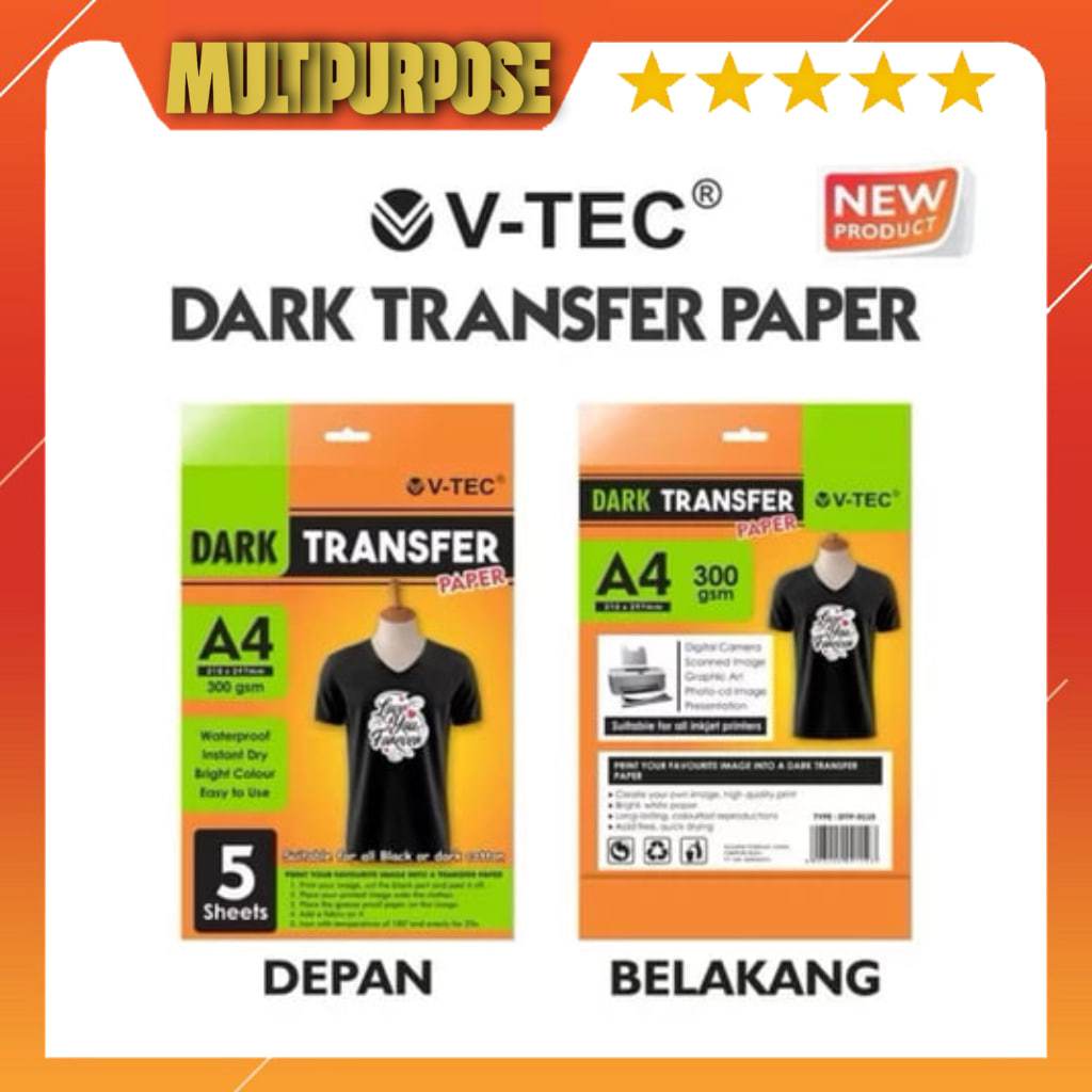 

( 1 Pack = 5 Lembar ) Dark transfer paper V-Tec 300 gsm A4 / kertas transfer baju V-Tec