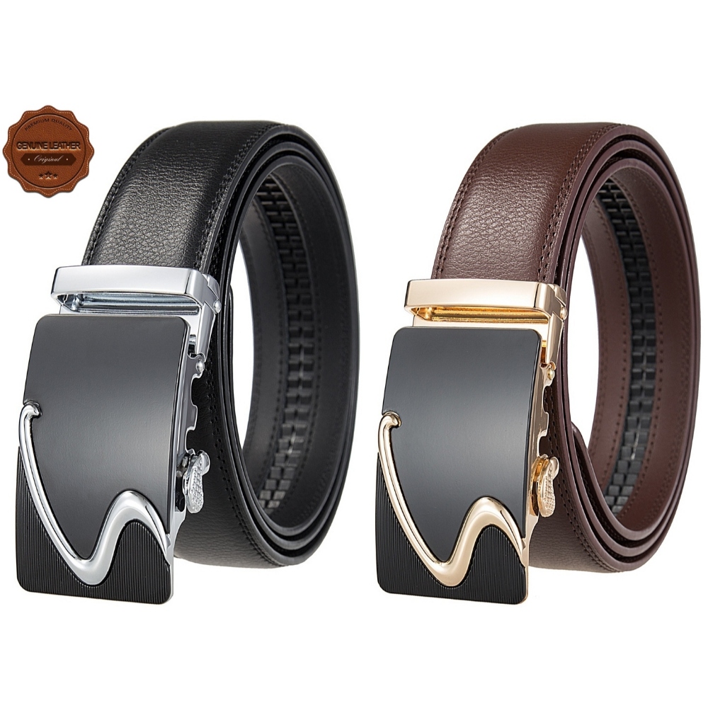 DOBEL JAHITAN Genuine Leather ikat pinggang pria kulit asli gesper model rel hitam cokelat