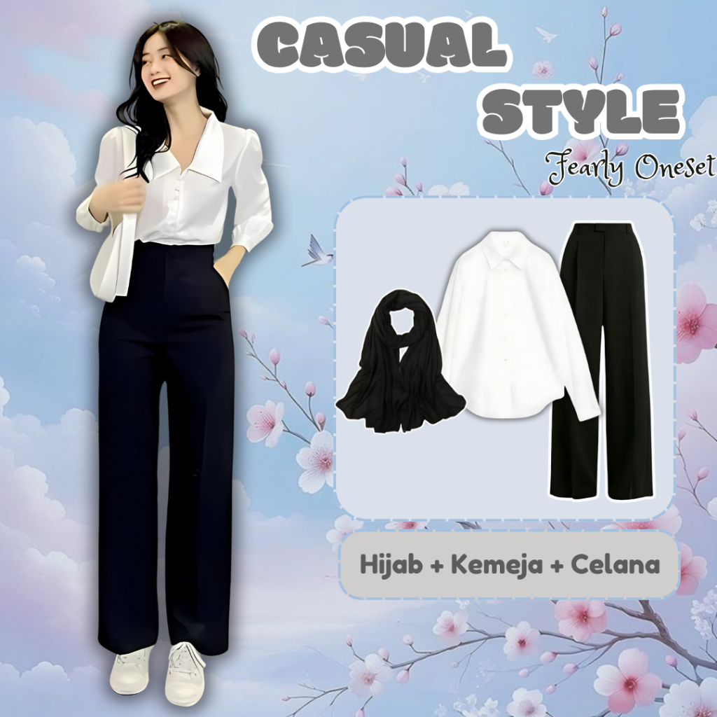 Oneset Casual Style Outfit Korean Style Kemeja Putih Celana Trouser dan Hijab Outfit Ke Kantor