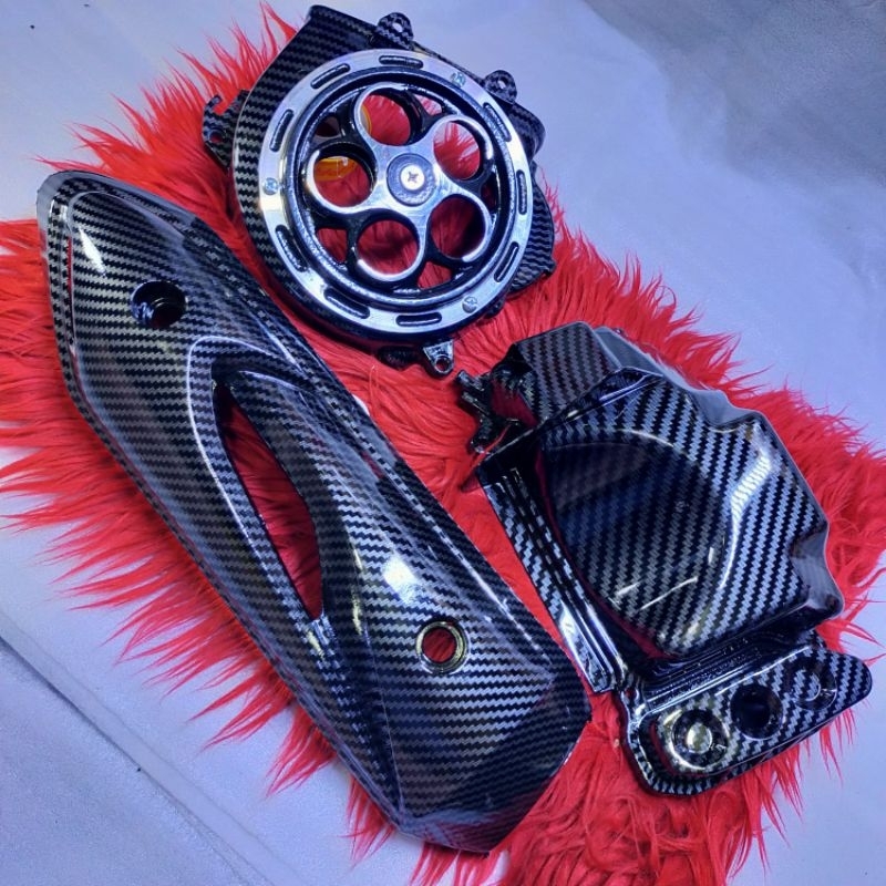 (3 pcs) Paketan Carbon Kipas Spinner, Box Filter Udara, Tameng Knalpot Honda Beat Karbu
