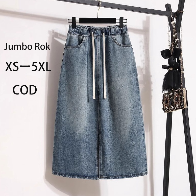 Langsung Beliii Keygirl Jumbo midi rok span karet Skirt split depan rok denim korean style a line ro