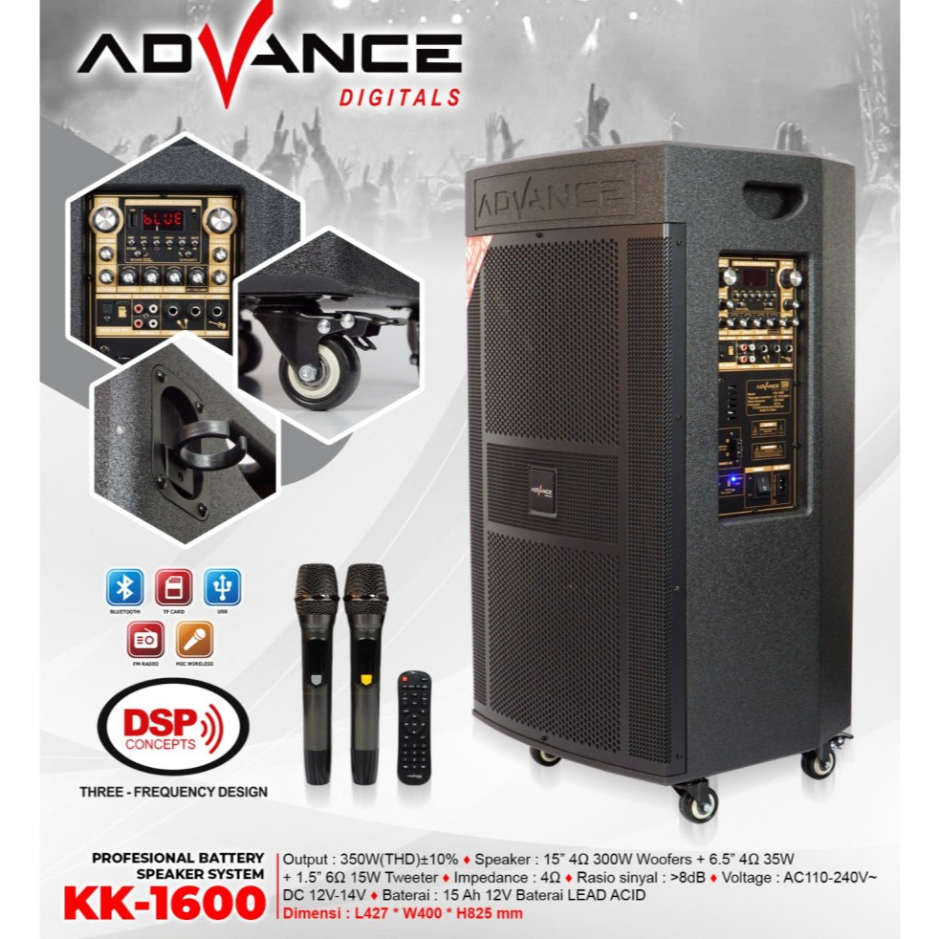 Speaker Portable Advance KK1600 KK-1600 15" Free 2Mic Wireless