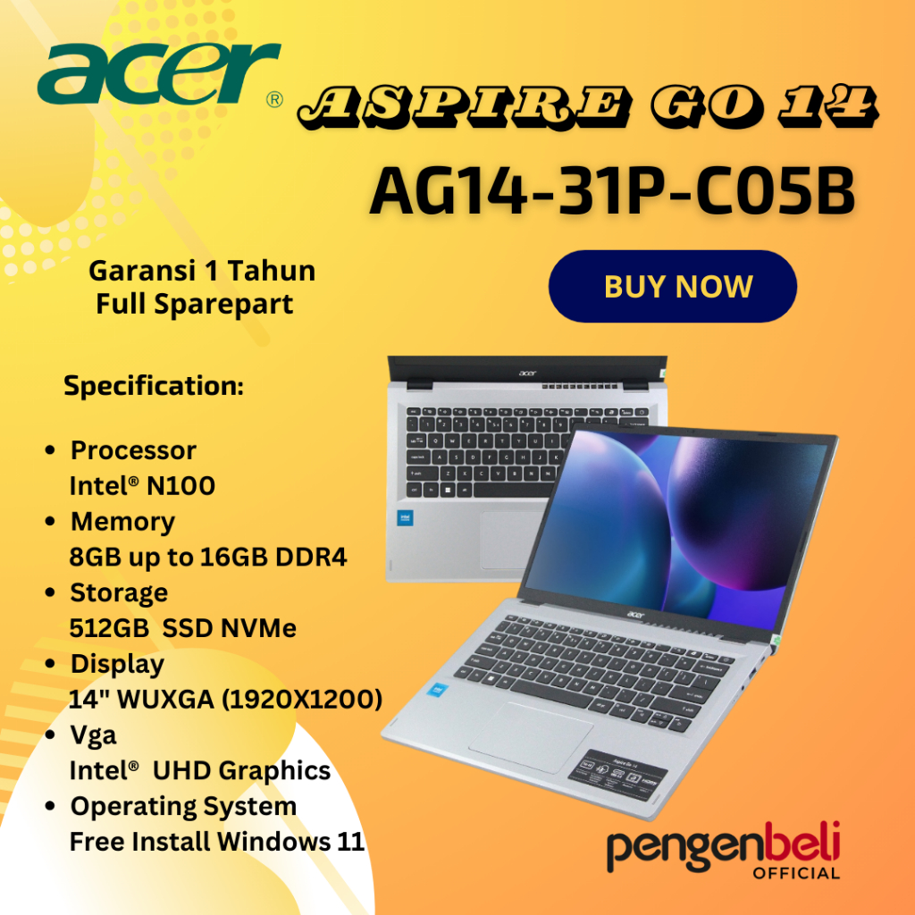 Laptop Acer Harga 4 Jutaan/  Intel N100 Gen 12 / RAM 8GB / SSD 512GB / WIFI 6 / 14" Wuxga / Pure SIl