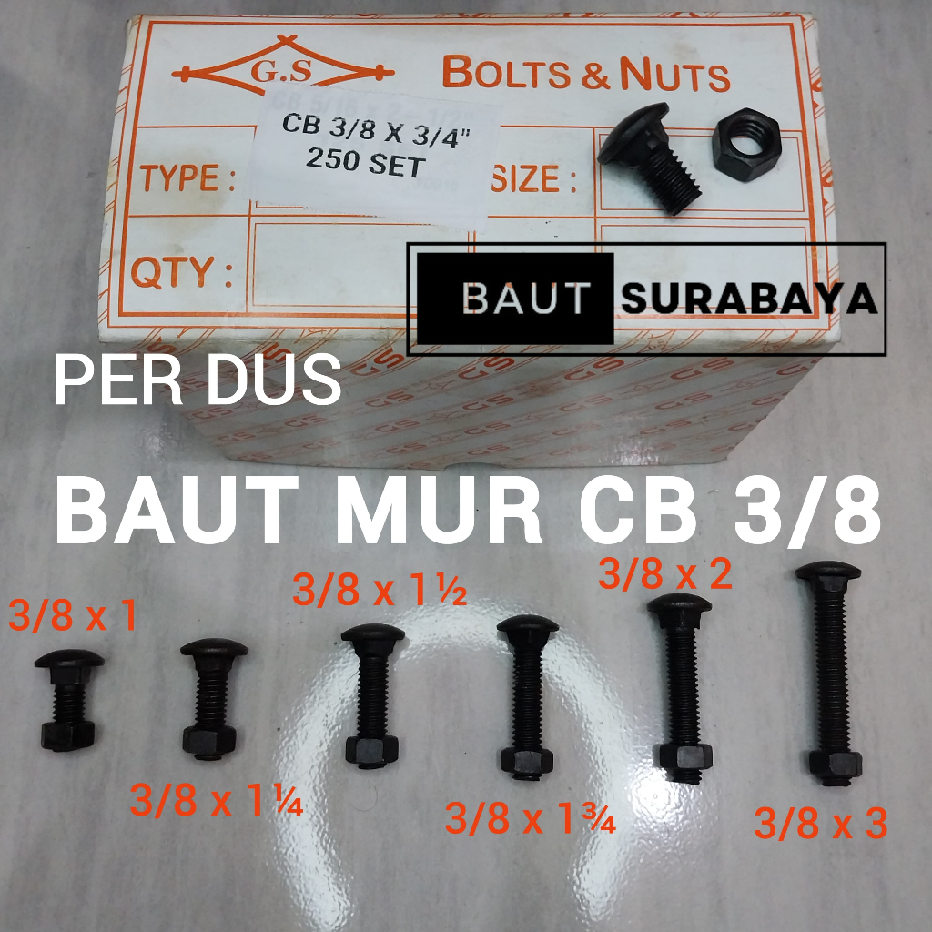 1 Dus Baut Mur Cb 3/8 Baut Mur Kunci 14 Baut Bak Truk Baut Pagar Baut Payung Baut Carriage Ukuran