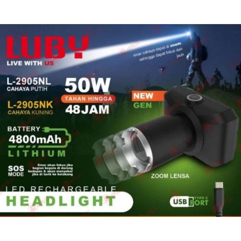 SENTER KEPALA LED HEADLAMP LUBY L2905NL 2905 LUBY L2905-L ZOMY BEAM 50W LUBY-2905NL