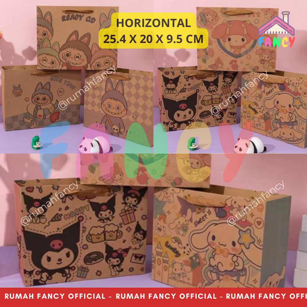 

[1 Lusin/ 12 Pcs] Paper Bag Hand Bag Brown HORIZONTAL Cokelat Motif LABUBU / KURO / MELODI / CINNAMOROLL