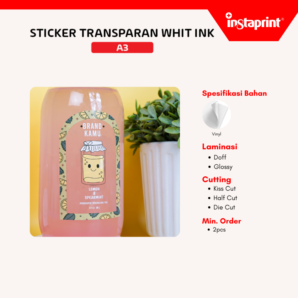 

Cetak Sticker Transparant A3+ White Ink / Print Stiker Label Kemasan Transparan Tinta Putih