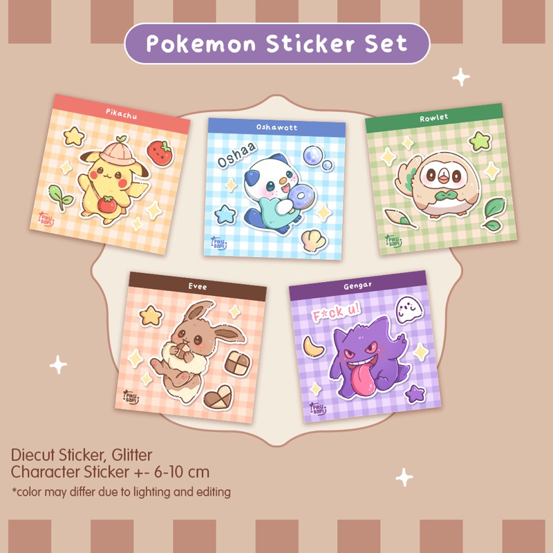 

Pokemon Sticker Pack, Glitter, isi 7 pcs, Pikachu, Rowlet, Evee, Gengar, Oshawott