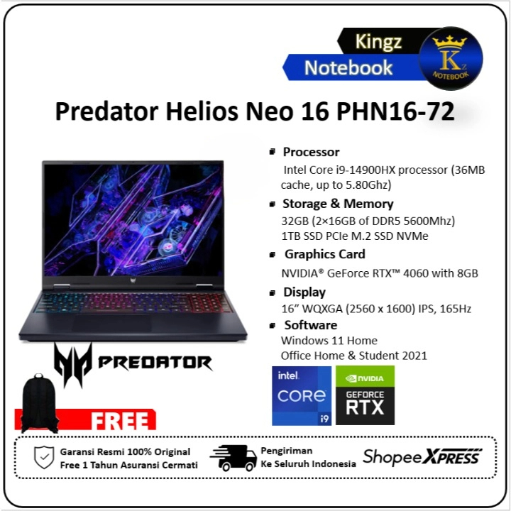 Acer Predator Helios Neo 16 PHN16-72 RTX4060 Core i9 14900HX 32GB 1TB SSD Win11+OHS 16" WQXGA 165Hz