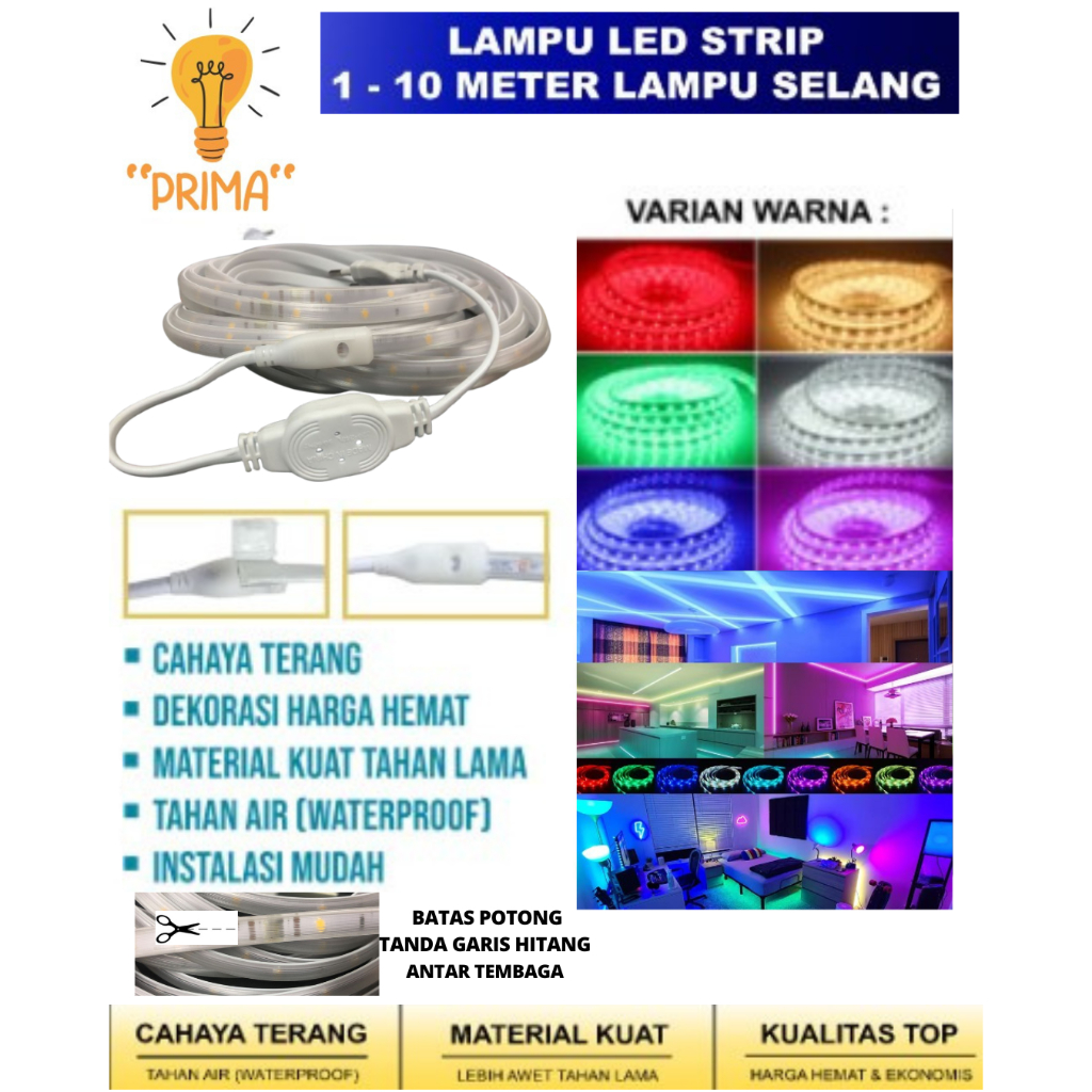 LAMPU SELANG LED STRIP SMD 5050 220V  1M -10M FREE SOKET 1PCS + TUTUP ( TINGGAL SIAP PAKAI )- AC 220