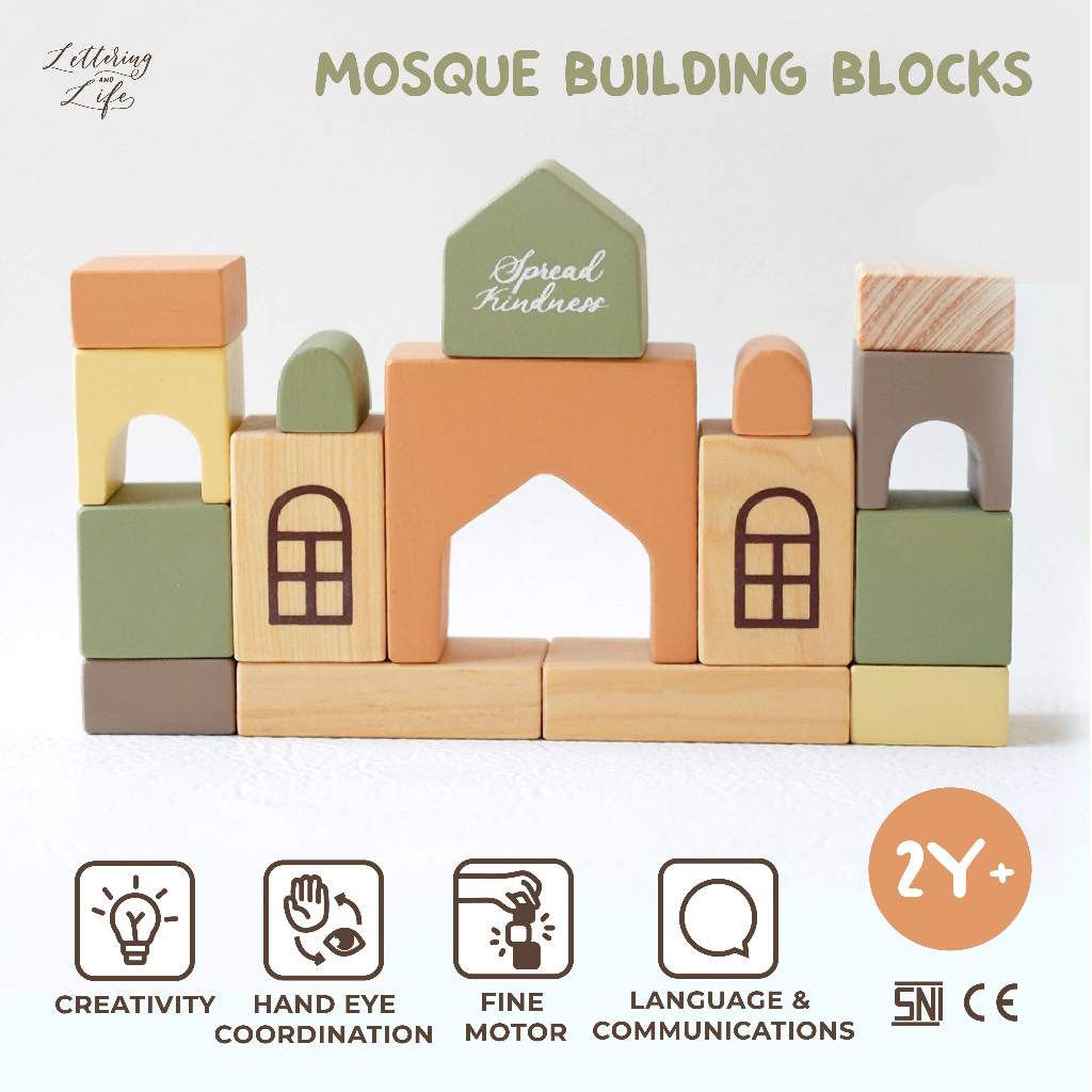 Lettering and Life Mosque Building Blocks – Mainan Balok Kayu Susun Mainan Edukasi Open Ended Wooden