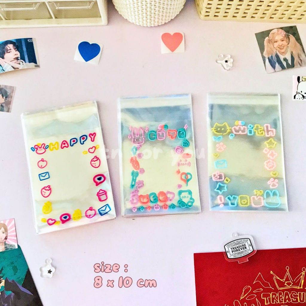 

Plastik Packing Cookies Kue Motif Frame Cute Bintang Bunga Daisy Pita Warna Putih Pink Kuning Biru Fuchsia Cover Sleeve Toploader Photocard PC Freebies 8 x 10 cm | Plastic Sealing Bag Stars Daisy Flower Ribbon Cute Frame Pattern