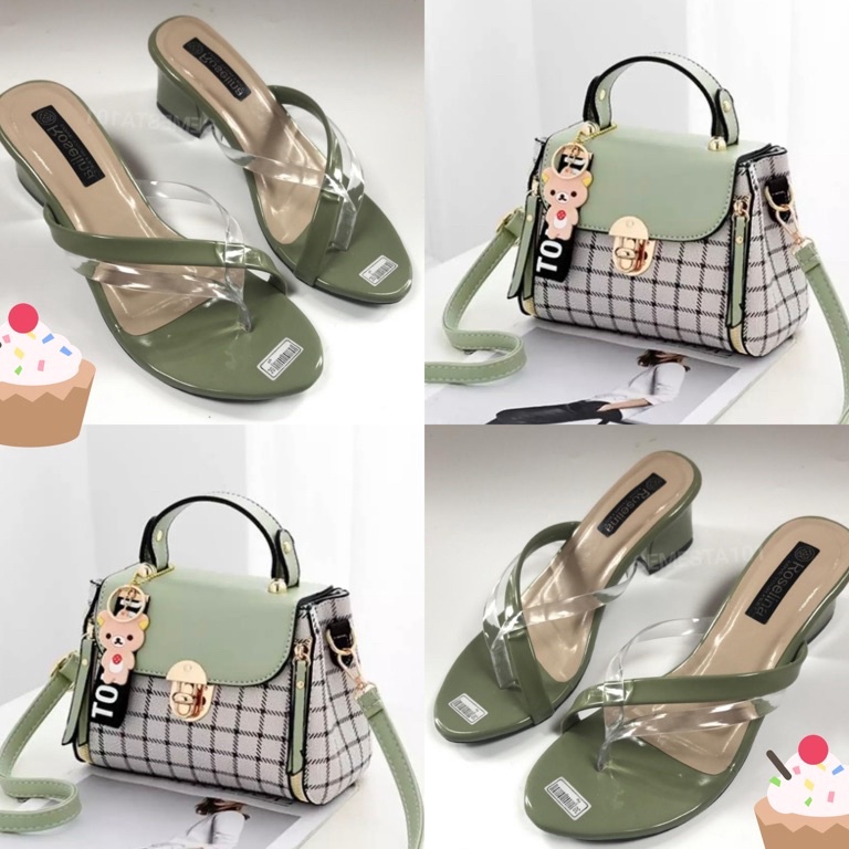 TRENDTERBARU Promo  Satu Set Tas Square Fashion Wanita  Sandal Hak Tinggi 5cm