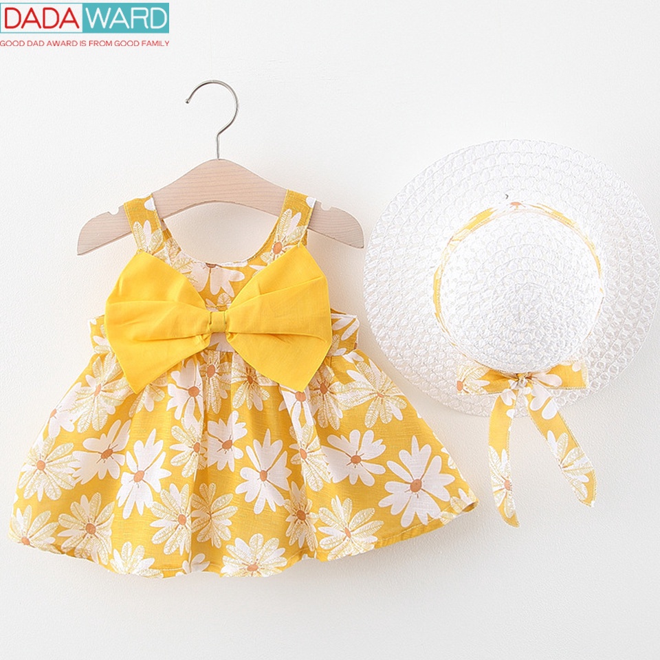 Harga Bersahabat DADAWARD 4 Tahun Gaun bayi  topi Set gaun hitam anak perempuan Rok lucu Lengan pend