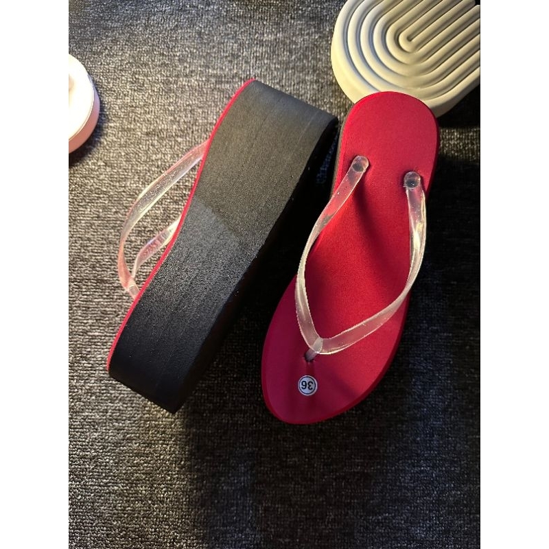 SANDAL WEDGES MERAH - HITAM HEELS 7CM