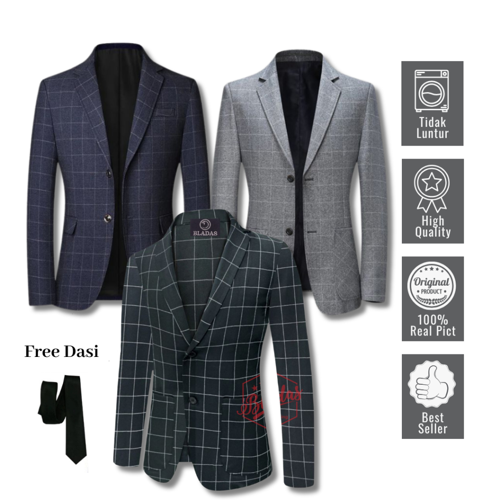 Jas Formal Tartan Pria Casual Motif Kotak-Kotak Blazer Pria Stylish Elegant Santai