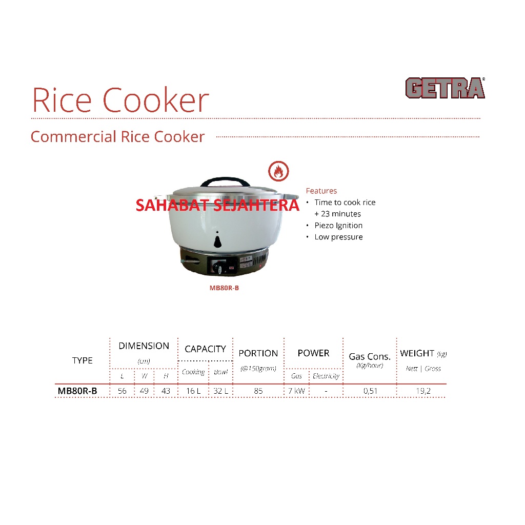 GETRA Rice Cooker MB80R-B Penanak Nasi Gas