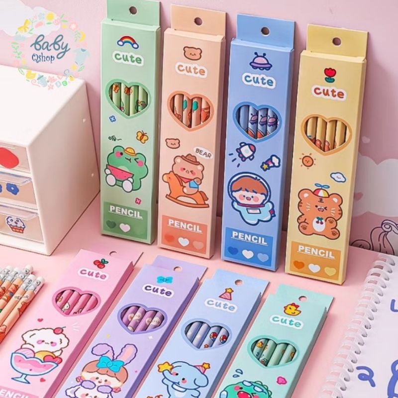 

Pensil tulis kayu HB set 6 in 1 pencil box lucu cute dengan penghapus mudah dibersihkan
