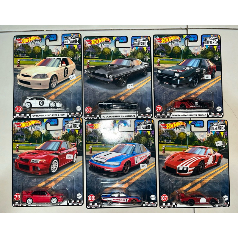 Hotwheels premium Boulevard 99honda civic,mitsubishi lancer,96honda acccord,porsche 935,toyota AE86,