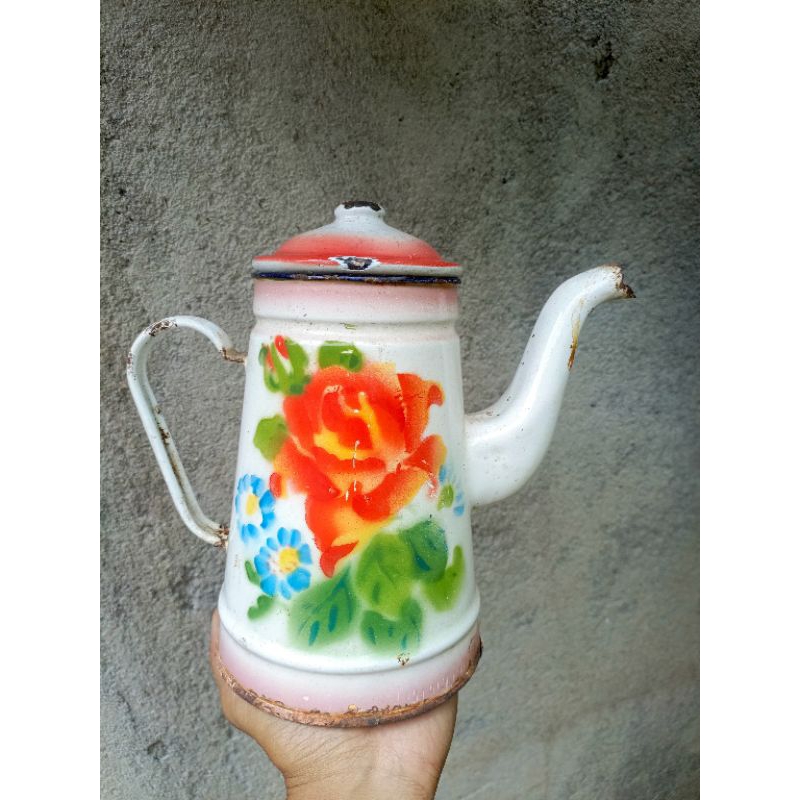 teko enamel motif bunga lawas vintage jadul