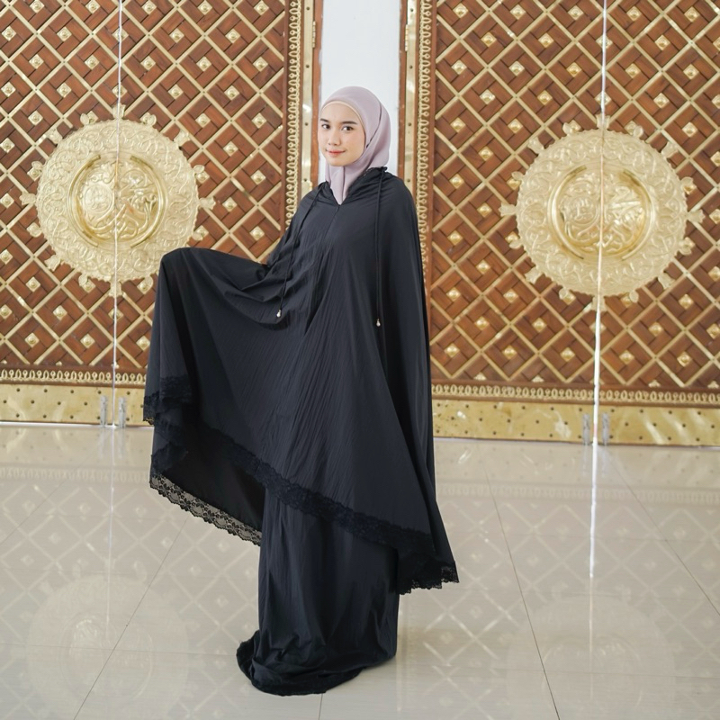Mukena hitam mukena umroh 2 in 1 renda lace mewah mukena umrah free sajadah