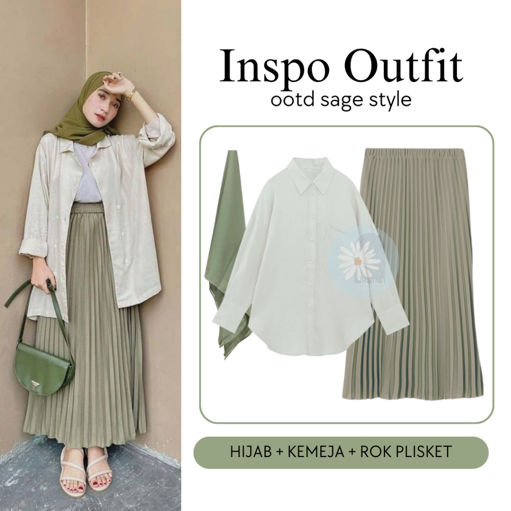 One Set 3in1 (Kemeja Linen, Rok Plisket, Hijab Bella Square) Ootd Inspo Sage Green -BB002