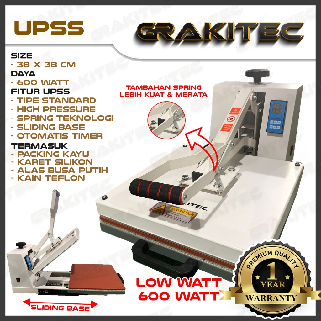 

Mesin Heat Press Sablon Kaos 38x38 600 Watt HIGH PRESSURE Premium Extra Spring Extra Sliding GRAKITEC all varian