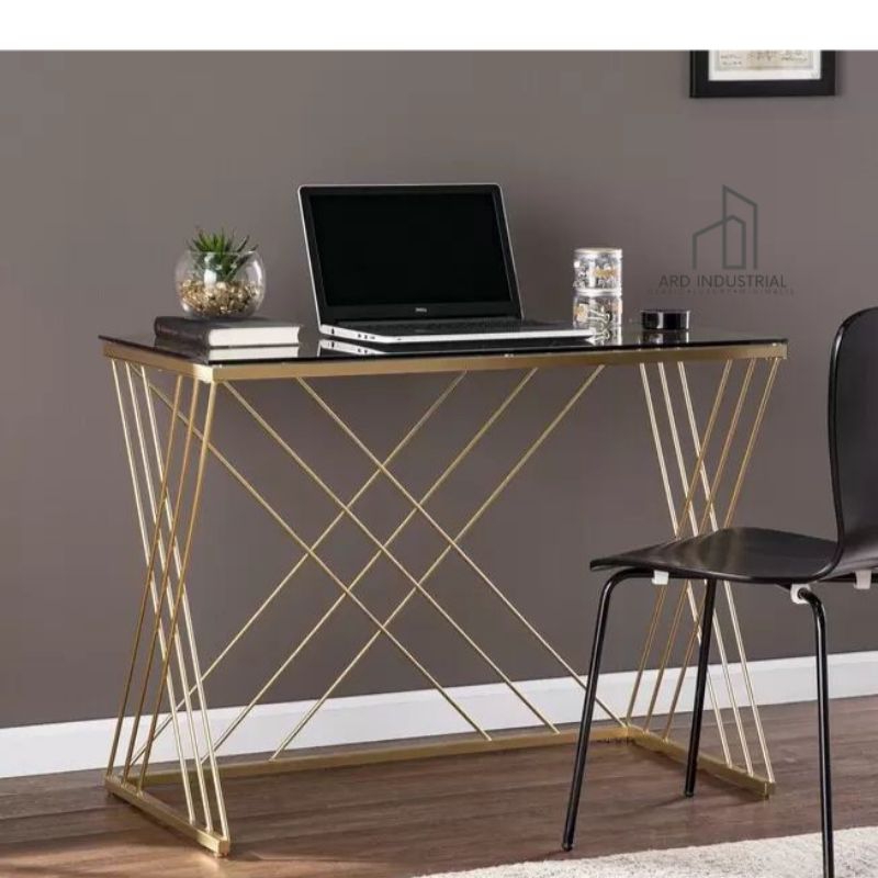 Meja Kerja Modern Industrial Top Kaca Bening