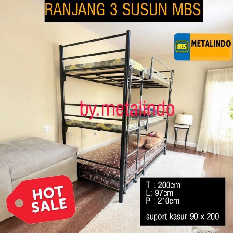 Harga TERMURAAH Ranjang Besi 3 Susun MBS Bunk Bed Ranjang Kuat Tempat Tidur Tingkat Besi