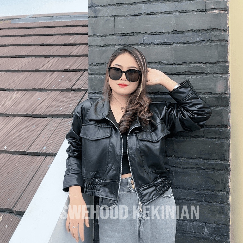 Xienna Jaket Kulit Crop Elegant Wanita Kekinian Fashion Outfit Jacket Cewek Korean Style