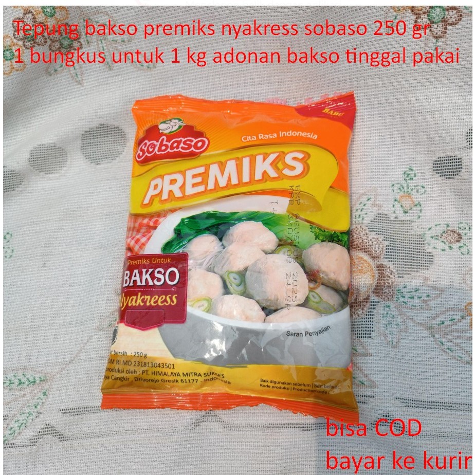 

Tepung bakso premiks nyakress sobaso 250 gr 1 bungkus untuk 1 kg adonan bakso tinggal pakai