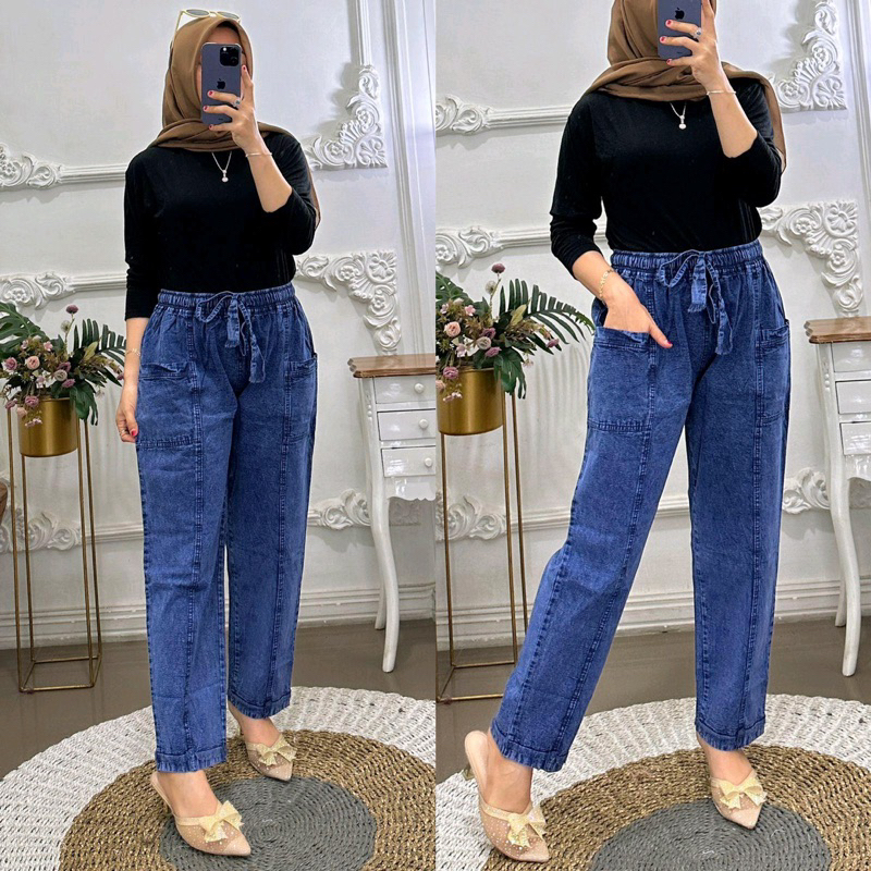 ALESHA - Celana Jeans  Wanita Baggy Terbaru, Celana Jeans Tulang Saku Depan Muat BB 50-90 KG