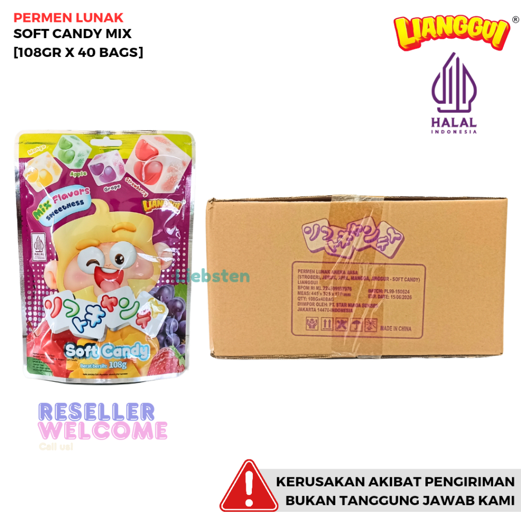 

Lianggui Permen Lunak Soft Candy Mix 108 Gr [1 Dus, Isi 40 Bags]
