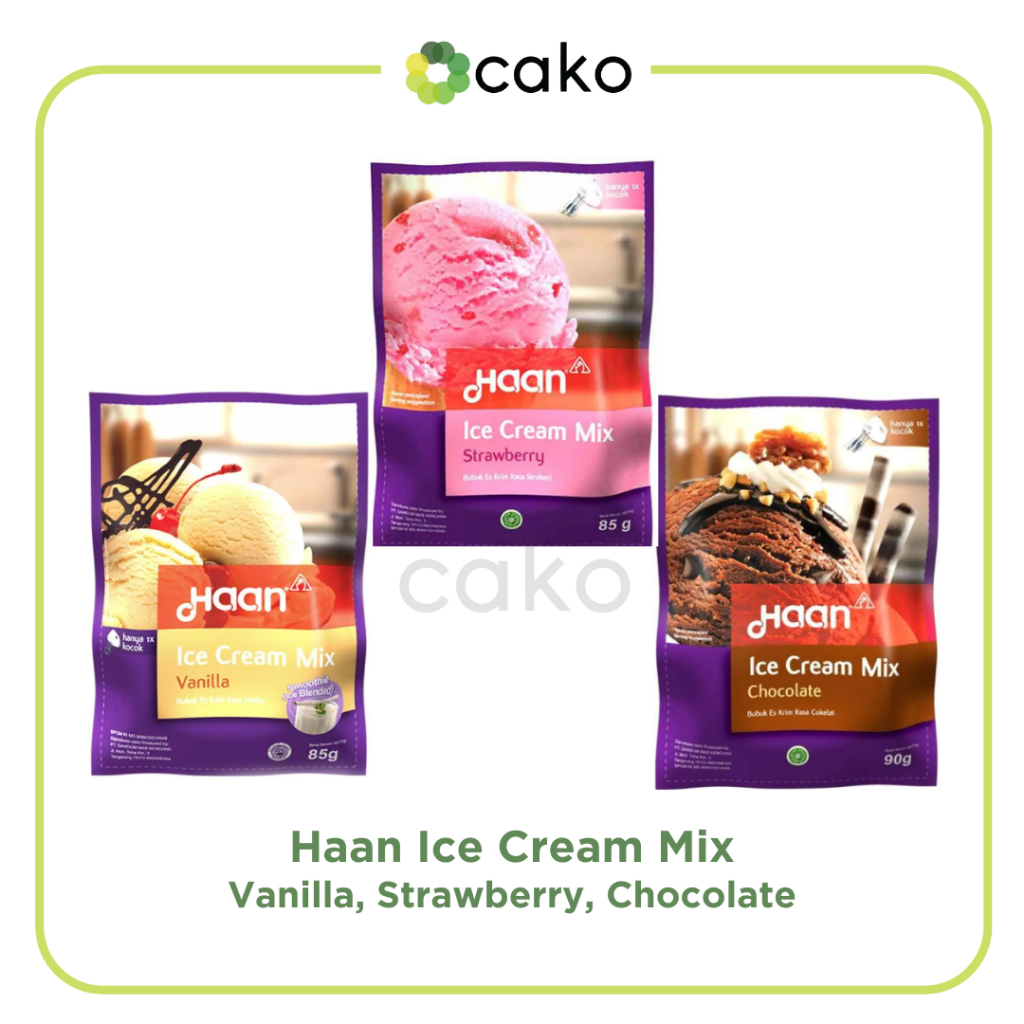 

Haan Ice Cream Powder Instan 85gr / Ice Cream Mix / Strawberry, Vanilla, Chocolate