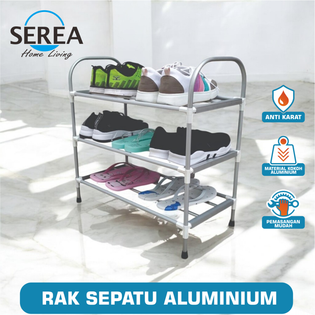 Rak Sepatu Aluminium 3 Susun / Rak Sepatu Aluminium Knockdown 3 Tingkat / Rak Sepatu Aluminium 3 Tin