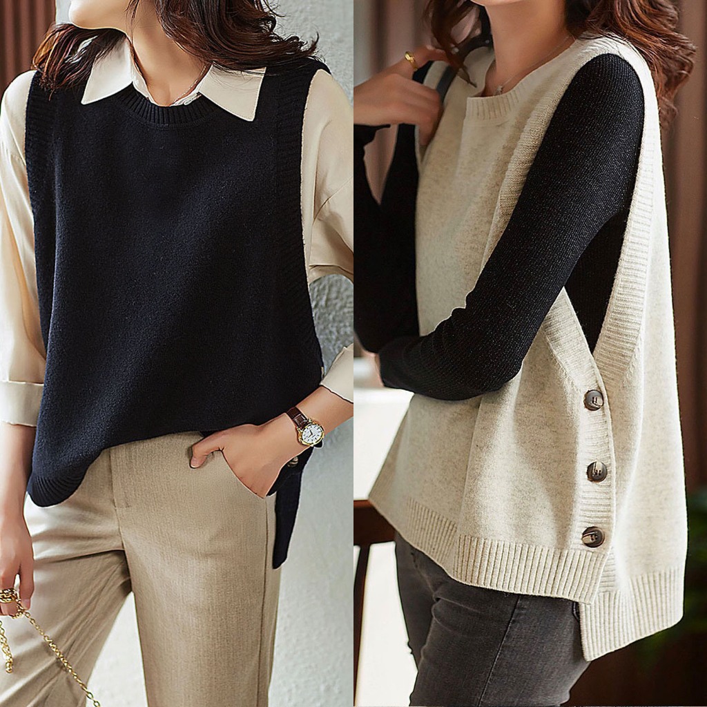 VEST ROMPI OUTER RAJUT COKLAT ABU TUA KANCING SAMPING KOREA IMPORT