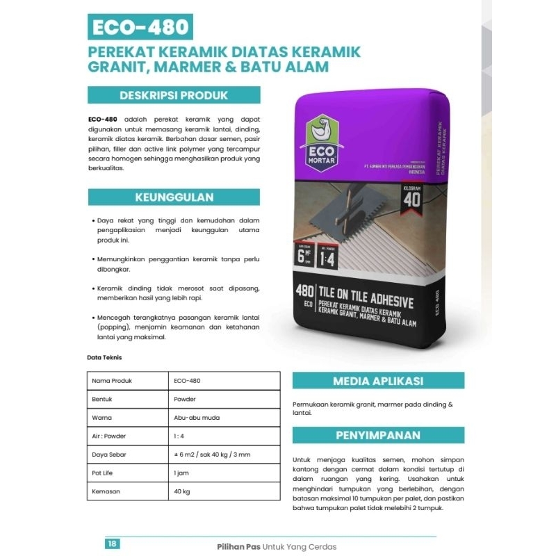 Semen Instan Perekat Keramik diatas Keramik Granit Marmer Eco-480